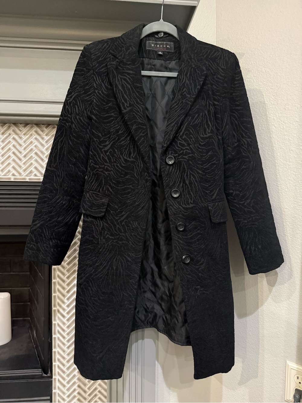 giacca Black Textured Notch-Lapel Pea Coat
